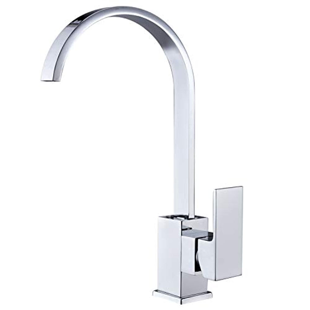 Hapilife Kitchen Sink Taps Mixers Square Single Lever Monobloc Chrome Brass Waterfall Flat Spout Modern Swivel with Hoses and Fittings