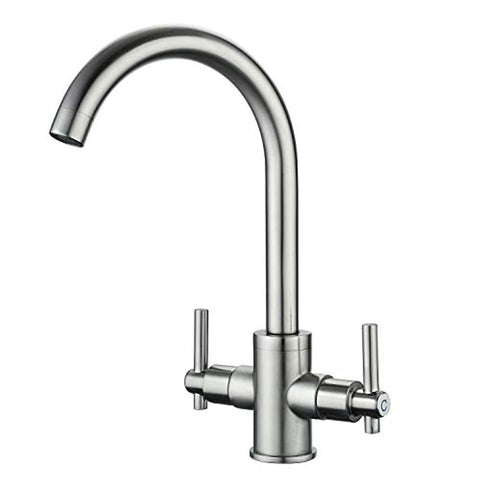 Funime Brushed Kitchen Sink Taps Mixers Traditional Dual Lever Monobloc Swivel Spout Brass
