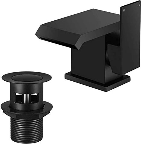 Black Basin Taps Waterfall with Pop-up Waste Modern Square Bathroom Sink Taps Brass with Hoses