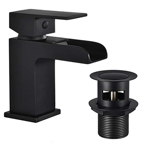 Funime Black Square Basin Taps with Pop up Waste Waterfall Semi-Open Bathroom Sink Taps Brass
