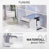 Funime Square Basin Taps Waterfall Mixers Bathroom Sink Mixer Taps Chrome Brass Single Lever with UK Standard Fittings