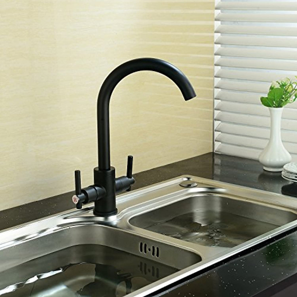Funime® Black Kitchen Sink Taps Mixers Traditional Dual Lever Monobloc ...